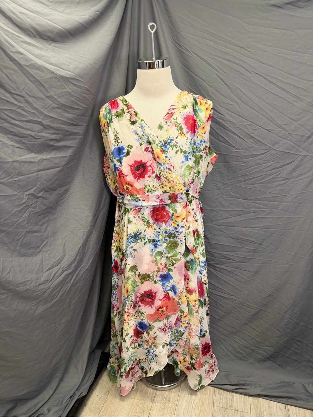 Danny & Nicole Floral Wrap Midi Dress in Cream with Pink, Red, Blue & Green